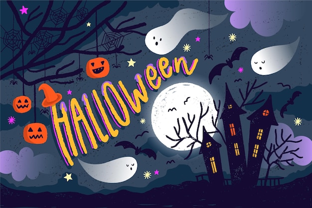 Kostenloser Vektor gezeichneter halloween-hintergrund mit gruseligem haus