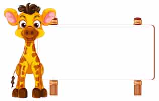 Kostenloser Vektor giraffen-cartoon steht vor einem schild-banner