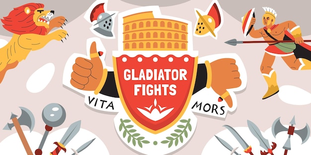 Gladiator kämpft komposition mit collage aus waffenbildern mit flacher klinge, rüstung, springender löwe und kriegerfiguren, vektorgrafik