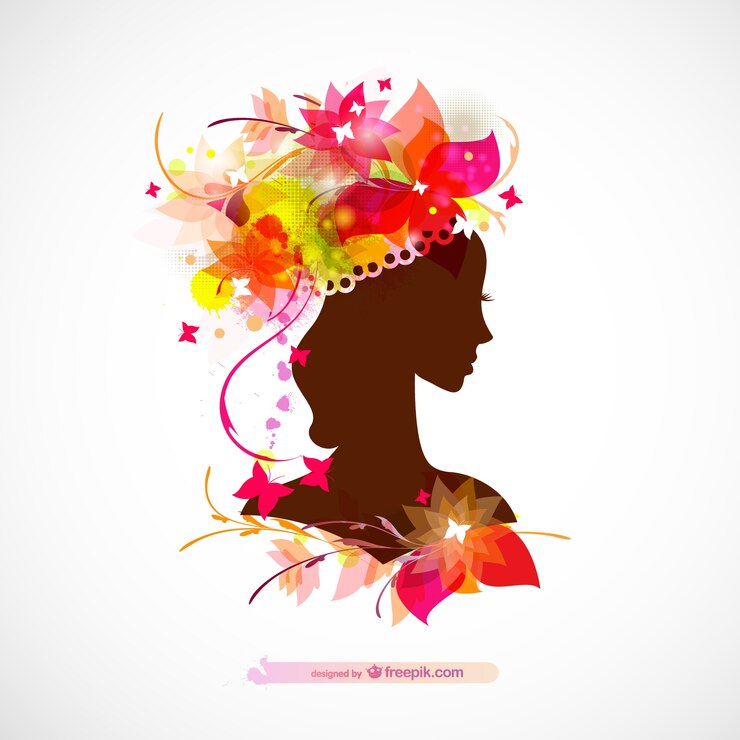 Kostenlose Vektor glänzend frau profil silhouette floralen design