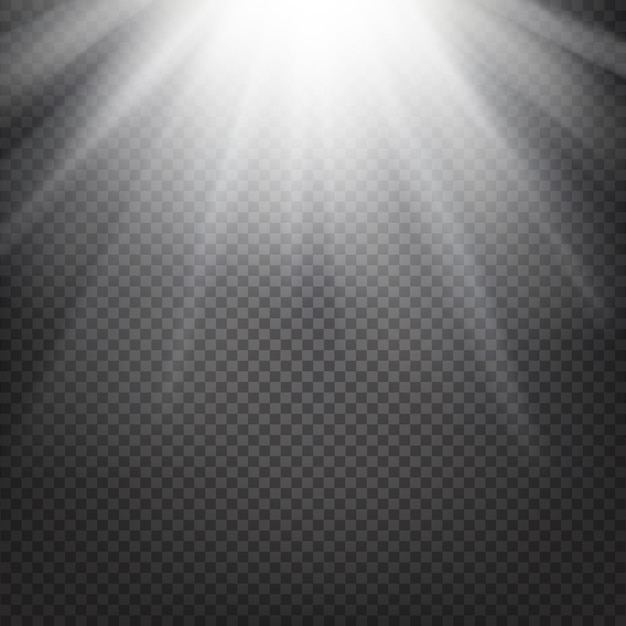 Glänzender sonnendurchbruch von sonnenstrahlen auf dem abstrakten sonnenscheinhintergrund und dem transparenzhintergrund. vektor-illustration.