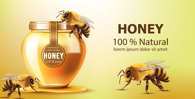 Glas gefüllt mit Honig, umgeben von Bienen