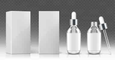 Kostenloser Vektor glas-tropfflasche für kosmetisches öl oder serum und weiße verpackungsbox in vorder- und winkelansicht