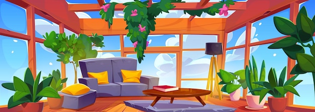 Kostenloser Vektor glasbalkon oder terrasse im haus mit gartenillustration patio zimmerinterieur mit wohnzimmermöbeln topfpflanzen und blumen sonnentag in studio-wohnung mit fenster buch auf dem tisch neben couch