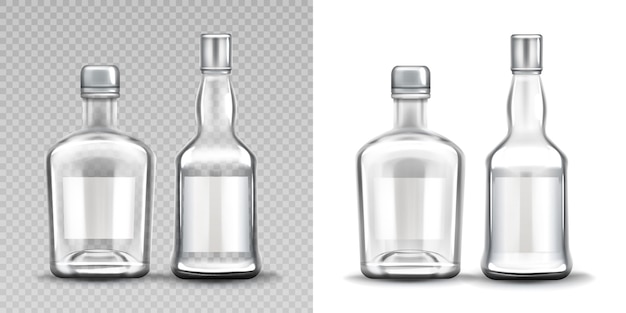 Glasflaschen in verschiedenen Formen. Wodka, Rum, Whisky