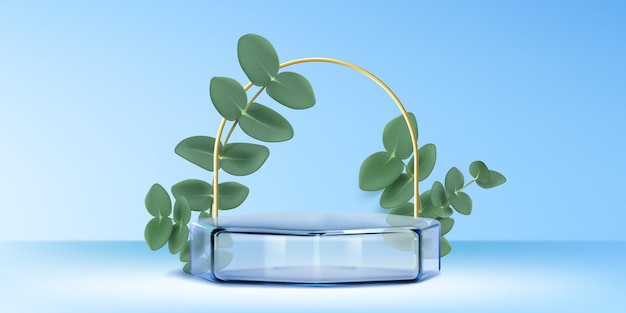Kostenloser Vektor glasprodukte-podium mit grünen blattzweigen