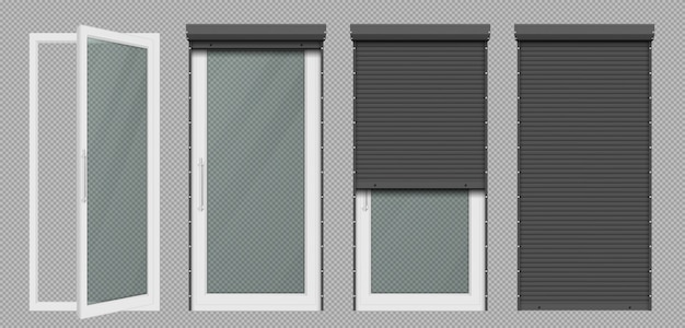 Glastür oder Fenster mit weißem Rollladen