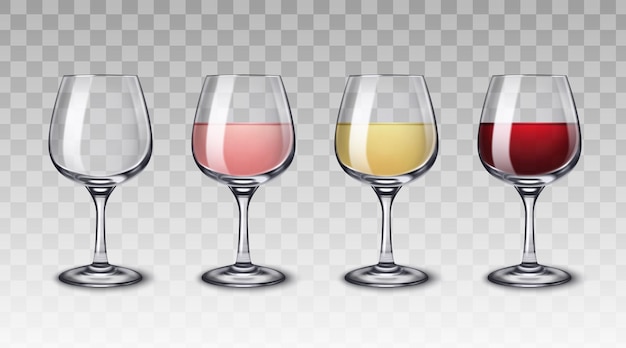 Glaswaren für alkoholische Getränke mit realistischen Bildern von Trinkgläsern, die leer und mit farbenfroher flüssiger Vektorgrafik gefüllt sind