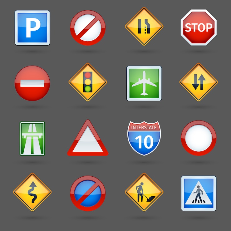Kostenlose Vektor glatte ikonen der straßenverkehrszeichen eingestellt