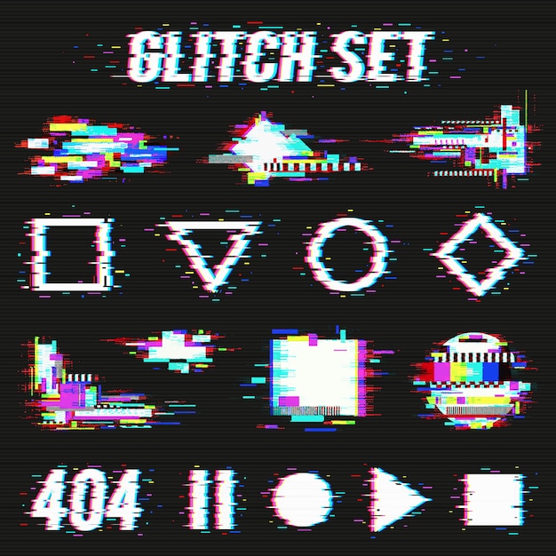 Kostenloser Vektor glitch set auf schwarzem hintergrund