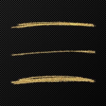 Glitzernde wellen des abstrakten glänzenden konfettis. satz von drei handgezeichneten goldenen pinselstrichen auf schwarzem transparentem hintergrund. vektorillustration