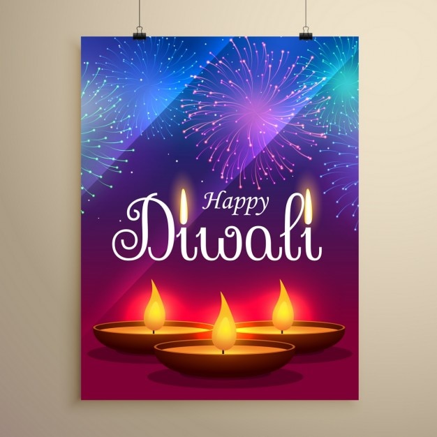 Glücklich diwali-fest gruß design mit diya und feuerwerk