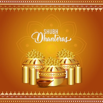 Glückliche dhanteras-feier-grußkarte mit goldmünze-kalash