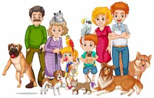 Kostenloser Vektor glückliche familie mit vielen hunden