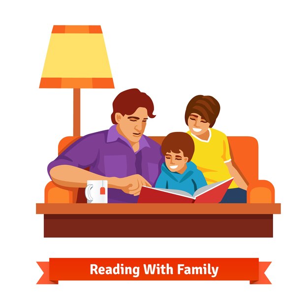 Glückliche Familie zusammen lesen Mutter, Vater, Sohn