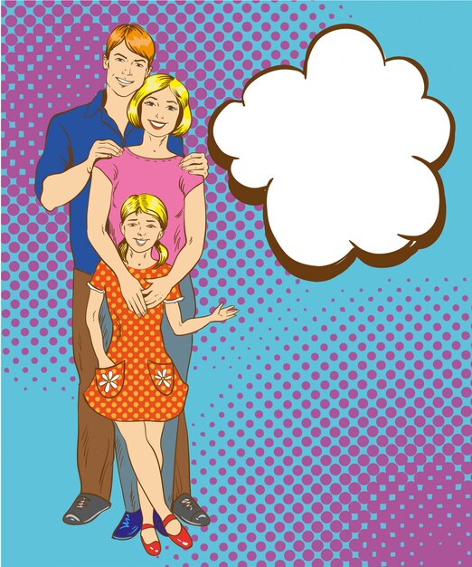 Gluckliche Familie Vater Mutter Und Tochter Mit Schallwolken Pop Art Illustration Im Comic Stil Premium Vektor