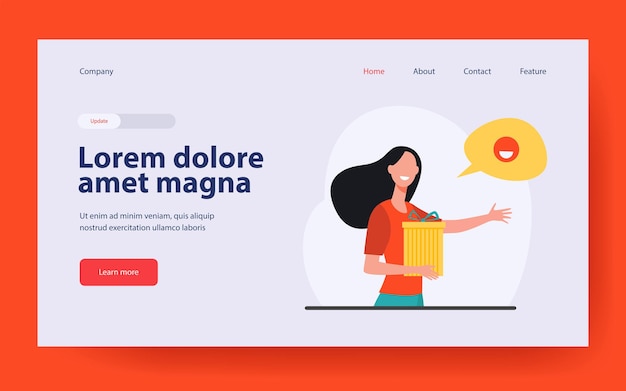 Kostenloser Vektor glückliche frau, die geschenk-landingpage im flachen stil hält