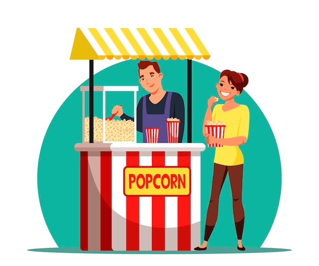 Kostenloser Vektor glückliche frau, die popcorn im street food market shop kauft lächelndes mädchen, das einen außenverkäufer nascht, der den kunden bedient, der snacks an den käufer verkauft