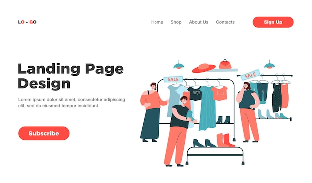 Kostenloser Vektor glückliche frauen, die kleidung auf der landingpage des ladens auswählen