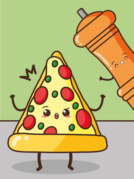 Glückliche kawaii Pizza und Pfeffer, Lebensmitteldesign, Illustration