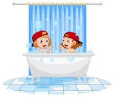 Glückliche kinder, die in der badewanne spielen