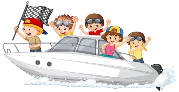 Kostenloser Vektor glückliche kinder in einem schnellboot auf weißem hintergrund