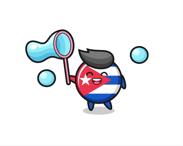 Glückliche kuba-flagge-abzeichen-karikatur, die seifenblase spielt Premium Vektoren
