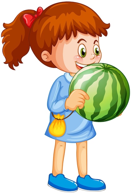Glückliche Mädchenzeichentrickfilm-figur, die eine Wassermelone hält