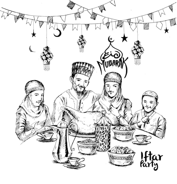 Glückliche muslimische familie ramadan kareem iftar party celebration eid sketch vector illustration
