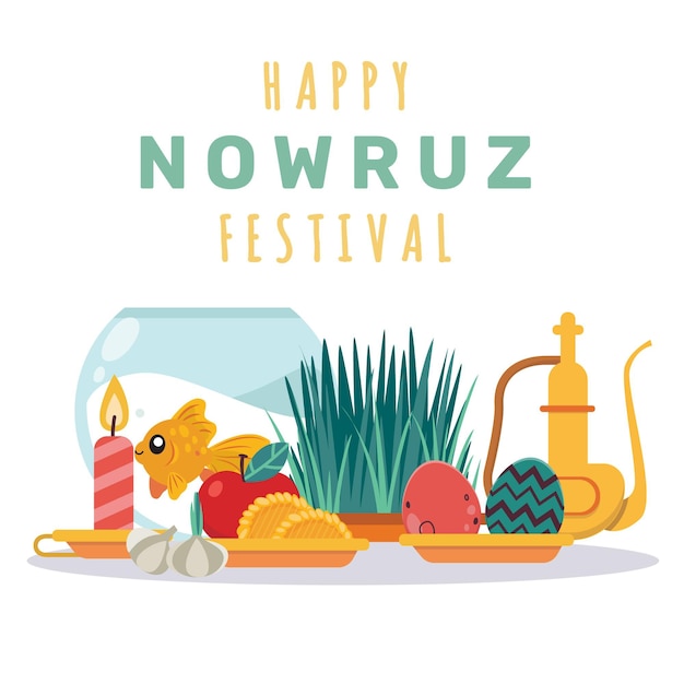 Kostenloser Vektor glückliche nowruz illustration mit goldfischglas