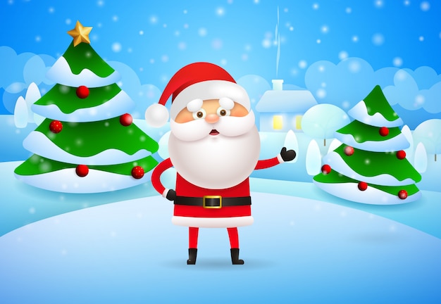 Glückliche Santa Claus, die an den Weihnachtsbäumen in Winter v steht