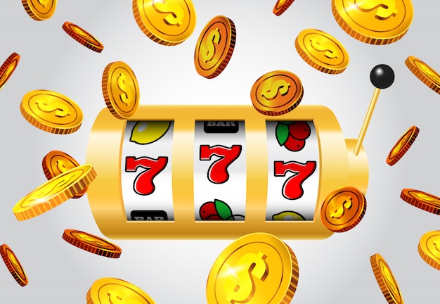 Glückliche sieben Spielautomaten und fliegende goldene Münzen auf grauem Hintergrund.