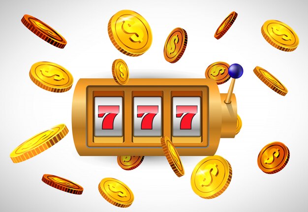 Glückliche sieben Spielautomaten und fliegende goldene Münzen. Casino-Business-Werbung