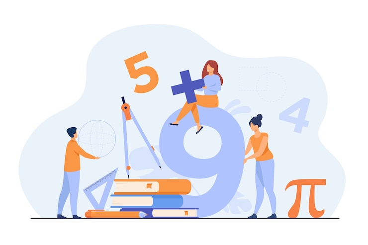 Kostenlose Vektor glückliche studenten, die mathematik im college oder in der schule lernen, isolierte flache illustration.