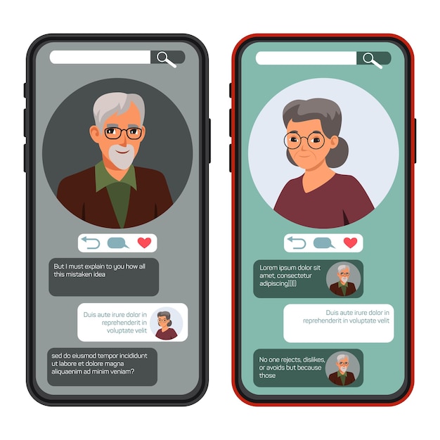 Glücklicher älterer mann und frau, die im sozialen netzwerk chatten gespräch mit sms-emoji über das internet