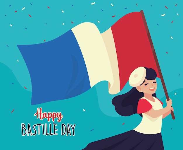 Kostenloser Vektor glücklicher bastille-tag, frau mit frankreich-flagge