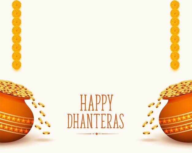 Glücklicher dhanteras-feiertagshintergrund mit goldener münze kalasha und blumen