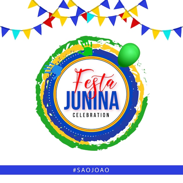 Glücklicher festa junina blauer gelber grüner hintergrund social media design banner kostenloser vektor