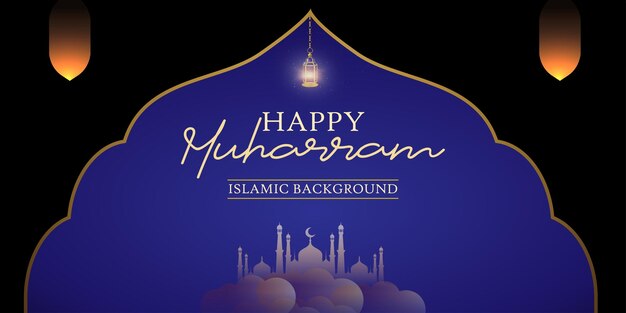 Glücklicher muharram-blauer schwarzer hintergrund-islamischer social-media-banner-freier vektor