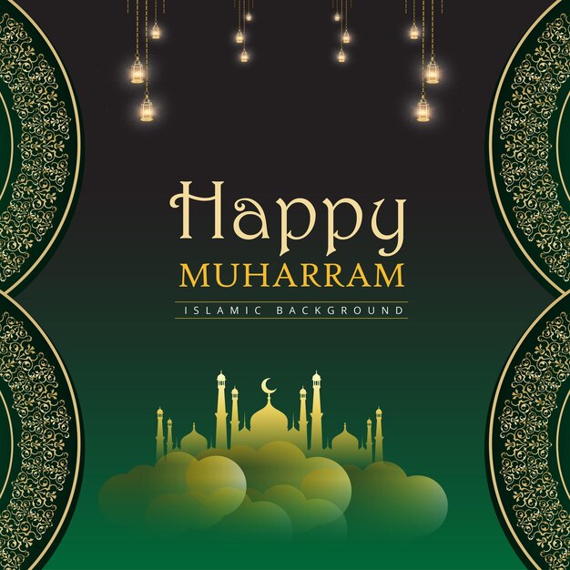 Glücklicher Muharram grüner schwarzer Hintergrund islamischer Social-Media-Banner-freier Vektor