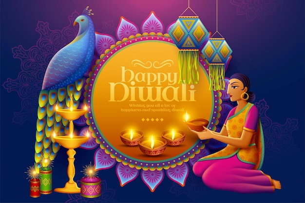 Glückliches diwali-design mit schöner indischer frau mit öllampe diya