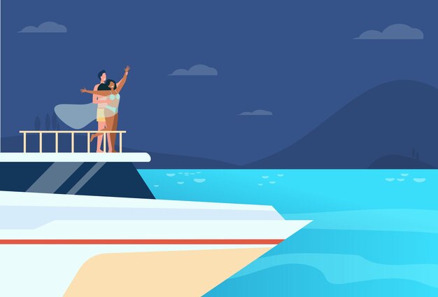Glückliches junges Paar, das Spaß auf Yacht hat. Mann und Mädchen auf der Schnauze des Schiffes, des Bootes oder des Liners