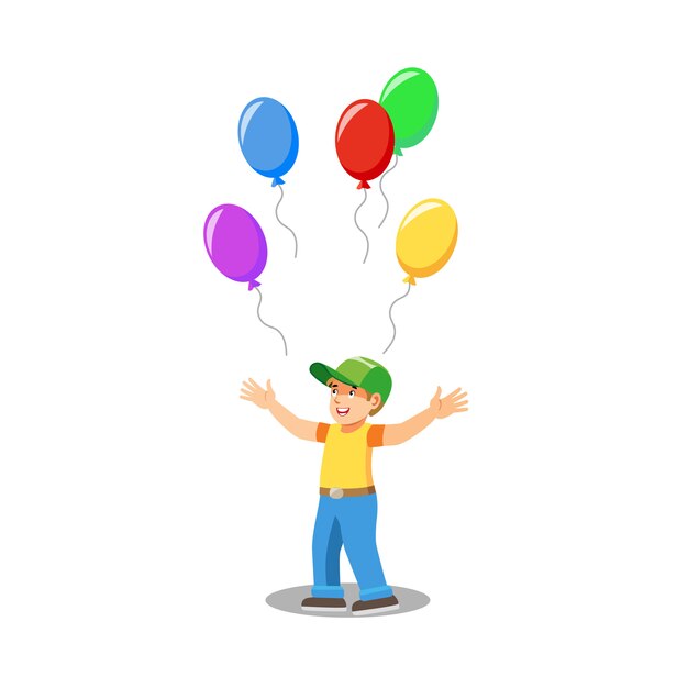 Glückliches Kind mit Ballonen lokalisiertem Karikatur-Vektor