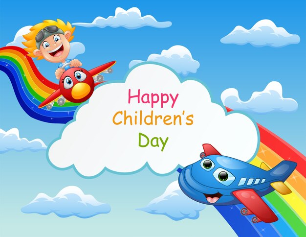 Flaches Design Des es Der Kinder Mit Kindern Auf Einem Flugzeug Kostenlose Vektor