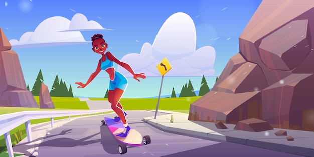 Glückliches Mädchen, das auf Skateboard auf der Straße fährt