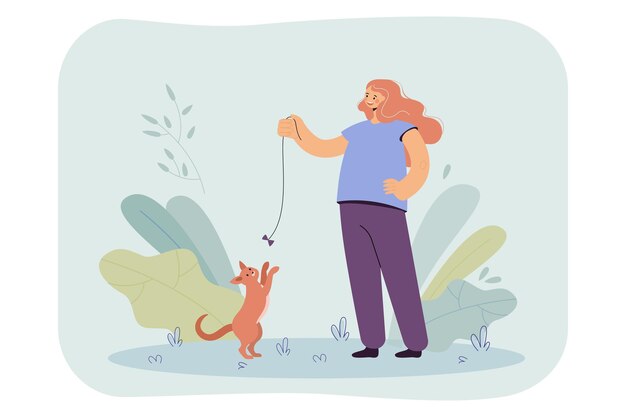 Glückliches mädchen, das mit katze mit flacher illustration des bogens spielt