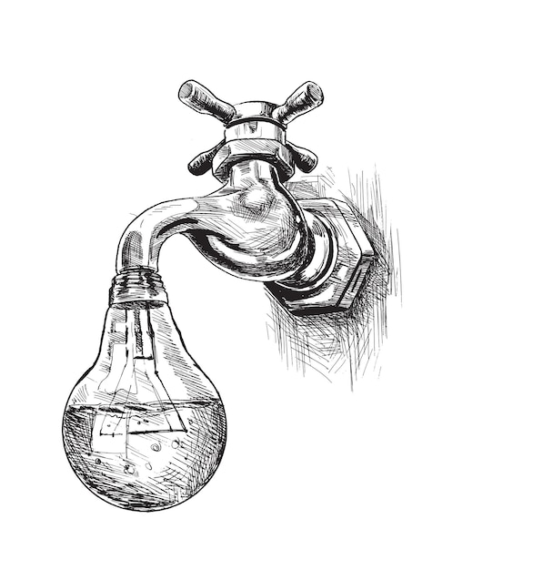 Glühbirne gefüllt mit Wasser Energiekonzept Vektor Konzept Ökologie Hand gezeichnete Skizze Vektor-Illustration