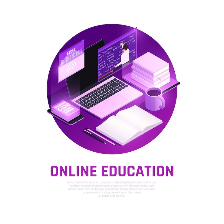 Kostenlose Vektor glühen des on-line-bildungs mit runder zusammensetzung von studentenarbeitsplatzelementen mit editable textbeschreibung isometrisch