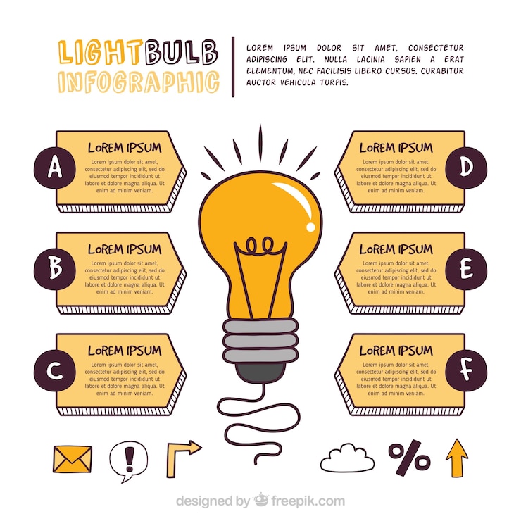 Kostenlose Vektor glühlampe infographic mit gezeichneten art der elemente in der hand