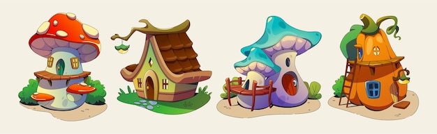Kostenloser Vektor gnome-häuser, die isoliert auf weißem hintergrund gesetzt sind vektor-cartoon-illustration von fliegen-agar-pilzen-kürbis-hütten mit hölzernen türen, fenstern, leitern, lampen und dächern märchen-spiel-design-elemente